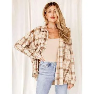 ZAFUL Womens Flannel Plaid Shacket Wool Blend Turn-down Collar Long Sleeve Shirt Fashion Jacket 2023