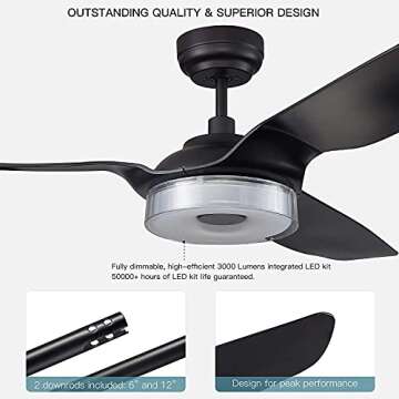 SMAFAN Indoor/Outdoor Smart ceiling fan 60" 3 Blade with remote control. Works with Compatible with Alexa/Google Home/Siri, Dimmable LED Light and 10-speed DC Motor (Black)……