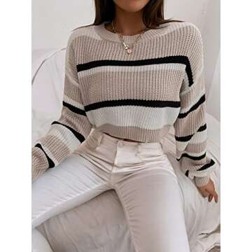 ZAFUL Women's Color Block Striped Sweater Crew Neck Lantern Sleeve Cropped Sweaters Casual Loose Knitted Tops