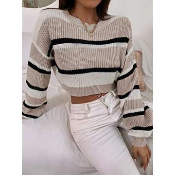 ZAFUL Women's Color Block Striped Sweater Crew Neck Lantern Sleeve Cropped Sweaters Casual Loose Knitted Tops