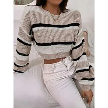 ZAFUL Women's Color Block Striped Sweater Crew Neck Lantern Sleeve Cropped Sweaters Casual Loose Knitted Tops