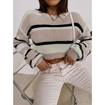 ZAFUL Women's Color Block Striped Sweater Crew Neck Lantern Sleeve Cropped Sweaters Casual Loose Knitted Tops
