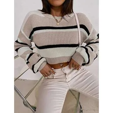 ZAFUL Women's Color Block Striped Sweater Crew Neck Lantern Sleeve Cropped Sweaters Casual Loose Knitted Tops