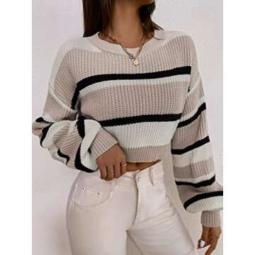 ZAFUL Women's Color Block Striped Sweater Crew Neck Lantern Sleeve Cropped Sweaters Casual Loose Knitted Tops