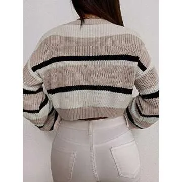 ZAFUL Women's Color Block Striped Sweater Crew Neck Lantern Sleeve Cropped Sweaters Casual Loose Knitted Tops