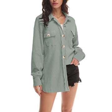 Nirovien Waffle Knit Tops for Women Oversized Waffle Shacket Fall Outfits Spring Clothes Shacket(Dusty Green,L)
