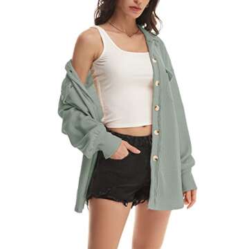 Nirovien Waffle Knit Tops for Women Oversized Waffle Shacket Fall Outfits Spring Clothes Shacket(Dusty Green,L)