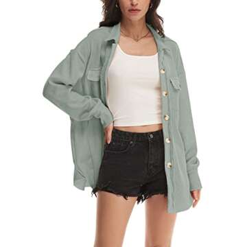 Nirovien Waffle Knit Tops for Women Oversized Waffle Shacket Fall Outfits Spring Clothes Shacket(Dusty Green,L)