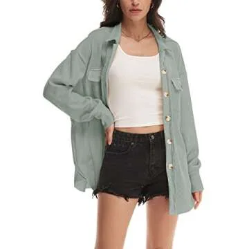 Nirovien Waffle Knit Tops for Women Oversized Waffle Shacket Fall Outfits Spring Clothes Shacket(Dusty Green,L)