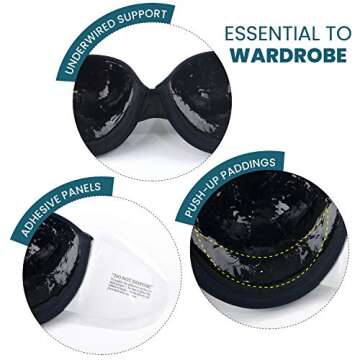 JOATEAY Women's Strapless Self Adhesive Bra Reusable Backless Sticky Push Up Bra Invisible (Black, Cup A)