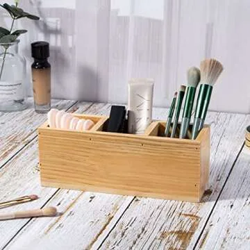 Useekoo Wood Pencil Holder, Wood Desk Organizers and Accessories 3 Compartment, Rustic Remote Control Holder, Wooden Caddy Office Supplies for Home, School and Barbershop - Unfinished