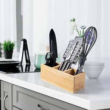 Useekoo Wood Pencil Holder, Wood Desk Organizers and Accessories 3 Compartment, Rustic Remote Control Holder, Wooden Caddy Office Supplies for Home, School and Barbershop - Unfinished