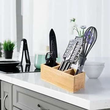 Useekoo Wood Pencil Holder, Wood Desk Organizers and Accessories 3 Compartment, Rustic Remote Control Holder, Wooden Caddy Office Supplies for Home, School and Barbershop - Unfinished