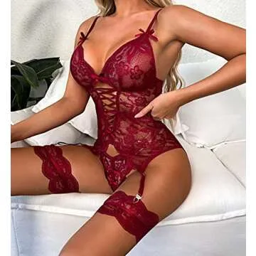 Donnalla Women Sexy Lingerie Set with Garter Belt Lace Bodysuit Teddy with Panty (Wine Red Large)