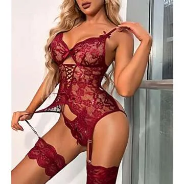Donnalla Women Sexy Lingerie Set with Garter Belt Lace Bodysuit Teddy with Panty (Wine Red Large)