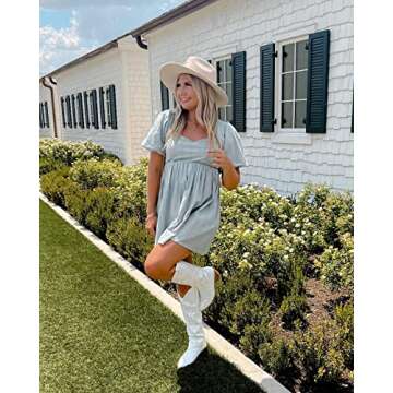 richealnini Women's Cowgirl Cowboy Western Boots Embroidered Low Stacked Block Chunky Heeled Booties Country Round Toe Vegan Leather Wide Calf Distressed Pull-On Knee High Boots White Size 8