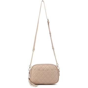 lola mae Quilted Crossbody Bag, Medium Lightweight Shoulder Purse Top Zipper Tassel Accent Nude Purse(Nude)