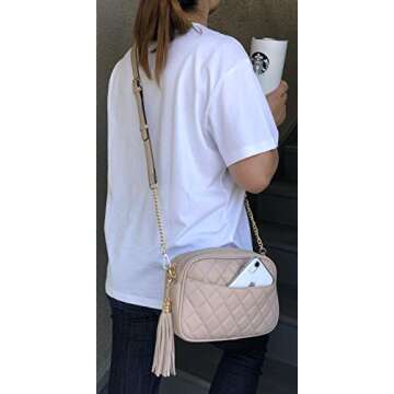 lola mae Quilted Crossbody Bag, Medium Lightweight Shoulder Purse Top Zipper Tassel Accent Nude Purse(Nude)
