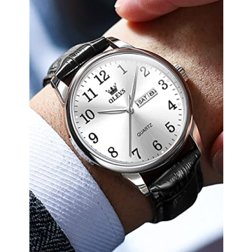 OLEVS Classic Men's Watch, Casual Brown/Black Leather Strap Easy to Read Quartz Watch, with Date Waterproof Blue/Black/Silver Face Watches for Men, 5535-Black-silver face, round, business watch