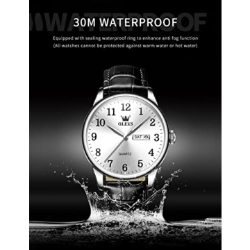 OLEVS Classic Men's Watch, Casual Brown/Black Leather Strap Easy to Read Quartz Watch, with Date Waterproof Blue/Black/Silver Face Watches for Men, 5535-Black-silver face, round, business watch