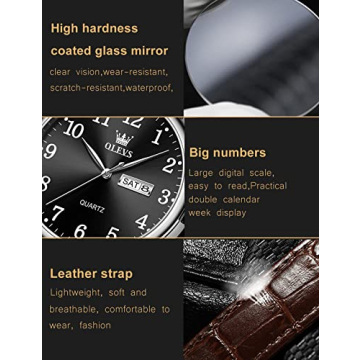 OLEVS Classic Men's Watch, Casual Brown/Black Leather Strap Easy to Read Quartz Watch, with Date Waterproof Blue/Black/Silver Face Watches for Men, 5535-Black-silver face, round, business watch