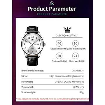 OLEVS Classic Men's Watch, Casual Brown/Black Leather Strap Easy to Read Quartz Watch, with Date Waterproof Blue/Black/Silver Face Watches for Men, 5535-Black-silver face, round, business watch