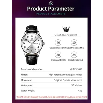 OLEVS Classic Men's Watch, Casual Brown/Black Leather Strap Easy to Read Quartz Watch, with Date Waterproof Blue/Black/Silver Face Watches for Men, 5535-Black-silver face, round, business watch