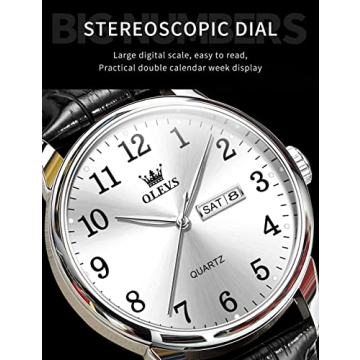 OLEVS Classic Men's Watch, Casual Brown/Black Leather Strap Easy to Read Quartz Watch, with Date Waterproof Blue/Black/Silver Face Watches for Men, 5535-Black-silver face, round, business watch