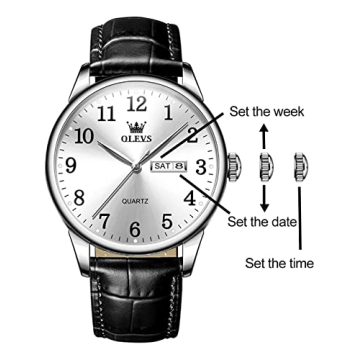 OLEVS Classic Men's Watch, Casual Brown/Black Leather Strap Easy to Read Quartz Watch, with Date Waterproof Blue/Black/Silver Face Watches for Men, 5535-Black-silver face, round, business watch