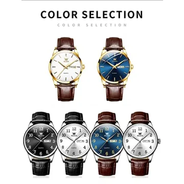 OLEVS Classic Men's Watch, Casual Brown/Black Leather Strap Easy to Read Quartz Watch, with Date Waterproof Blue/Black/Silver Face Watches for Men, 5535-Black-silver face, round, business watch