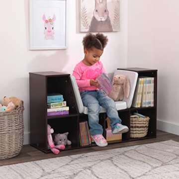 KidKraft Wooden Bookcase with Reading Nook - Espresso Finish with Gray Cushion