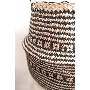 Natural Plush Woven Seagrass Tote Belly Basket Storage Laundry, Picnic, Plant Pot Cover, Beach Bag (Seagrass Natural and Black Criss Cross Pattern, Large)