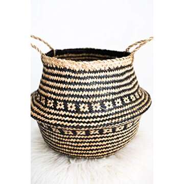 Natural Plush Woven Seagrass Tote Belly Basket Storage Laundry, Picnic, Plant Pot Cover, Beach Bag (Seagrass Natural and Black Criss Cross Pattern, Large)