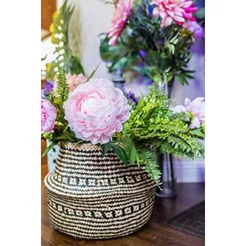 Natural Plush Woven Seagrass Tote Belly Basket Storage Laundry, Picnic, Plant Pot Cover, Beach Bag (Seagrass Natural and Black Criss Cross Pattern, Large)