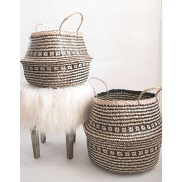 Natural Plush Woven Seagrass Tote Belly Basket Storage Laundry, Picnic, Plant Pot Cover, Beach Bag (Seagrass Natural and Black Criss Cross Pattern, Large)