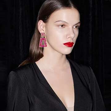 VANGETIMI Hot Pink Rhinestone Rectangle Statement Earrings Colorful Crystal Geometric Drop Dangle Ea...