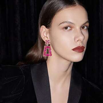 VANGETIMI Hot Pink Rhinestone Rectangle Statement Earrings Colorful Crystal Geometric Drop Dangle Earrings for Women Prom Party