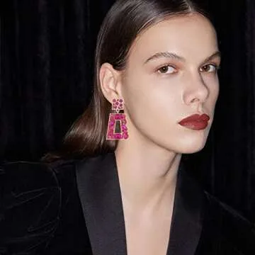 VANGETIMI Hot Pink Rhinestone Statement Earrings for Women