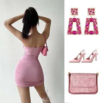 VANGETIMI Hot Pink Rhinestone Rectangle Statement Earrings Colorful Crystal Geometric Drop Dangle Earrings for Women Prom Party