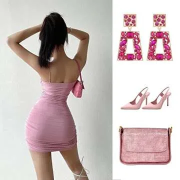 VANGETIMI Hot Pink Rhinestone Statement Earrings for Women