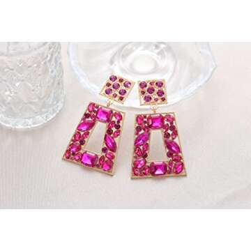 VANGETIMI Hot Pink Rhinestone Rectangle Statement Earrings Colorful Crystal Geometric Drop Dangle Earrings for Women Prom Party