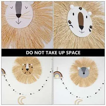 Wall Art Animal Head Hand Knitted Cartoon Tassel Beard Lion Macrame Pendant Nursery Room Wall Hangings for Home Bedroom Living Room Random Style