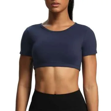 Aoxjox Short Sleeve Crop Tops for Women Clarissa Hollow Back Workout Cropped T Shirt Top (Navy, Small)