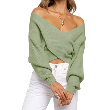 Stylish ZCSIA Women's V Neck Cropped Sweater in Green