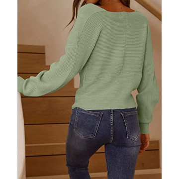 Stylish ZCSIA Women's V Neck Cropped Sweater in Green