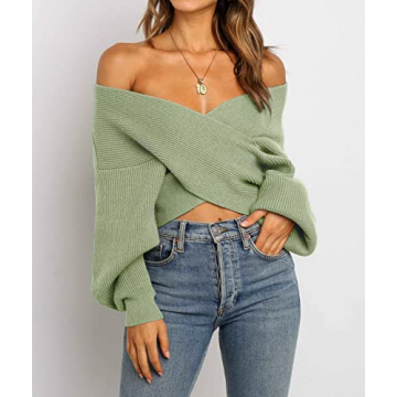 Stylish ZCSIA Women's V Neck Cropped Sweater in Green