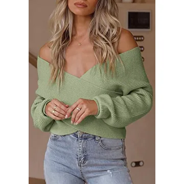 Stylish ZCSIA Women's V Neck Cropped Sweater in Green