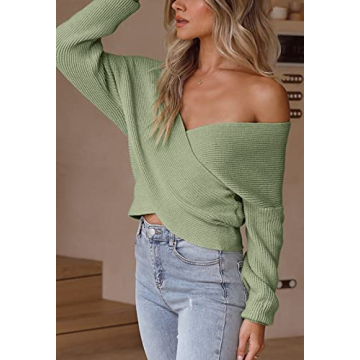 Stylish ZCSIA Women's V Neck Cropped Sweater in Green