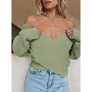 Stylish ZCSIA Women's V Neck Cropped Sweater in Green