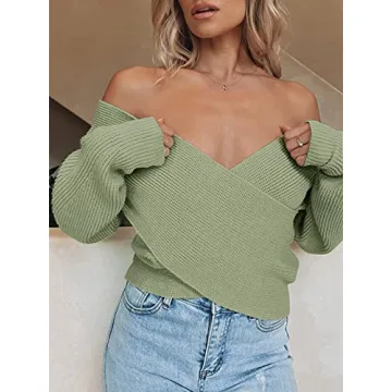 Stylish ZCSIA Women's V Neck Cropped Sweater in Green